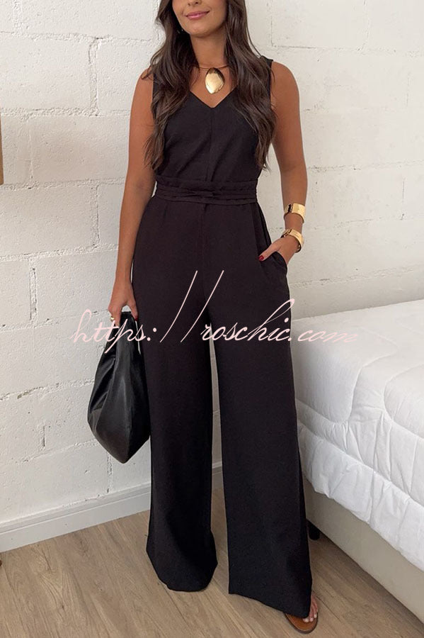 Linen Blend Wide-Leg Jumpsuit with V-Neck & Tie Waist