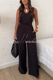 Linen Blend Wide-Leg Jumpsuit with V-Neck & Tie Waist