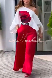 Rose Print Wide Leg Pants Suit with Belted Waist