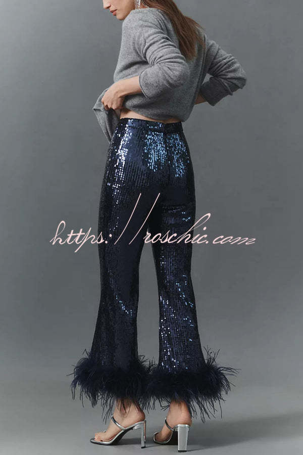 Sequin Feather Trim High Rise Flare Pants – Party & NYE