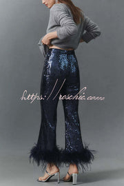Sequin Feather Trim High Rise Flare Pants – Party & NYE