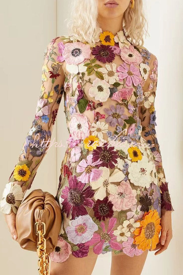 Floral Applique Backless Mini Dress with Long Sleeves