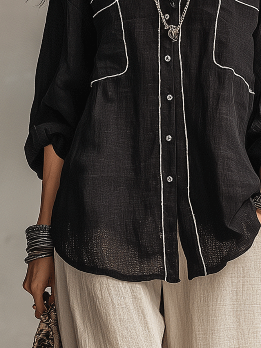 Black Linen Long Sleeve Blouse – Relaxed Bohemian Top
