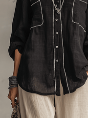 Black Linen Long Sleeve Blouse – Relaxed Bohemian Top