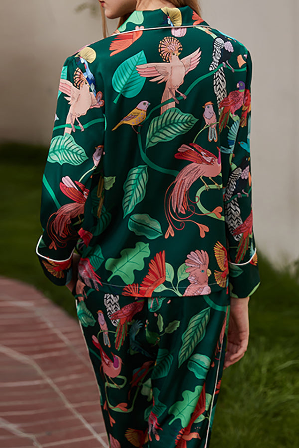 Green Parrot Print Long Sleeve Two-Piece Lounge Set