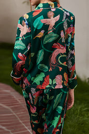 Green Parrot Print Long Sleeve Two-Piece Lounge Set