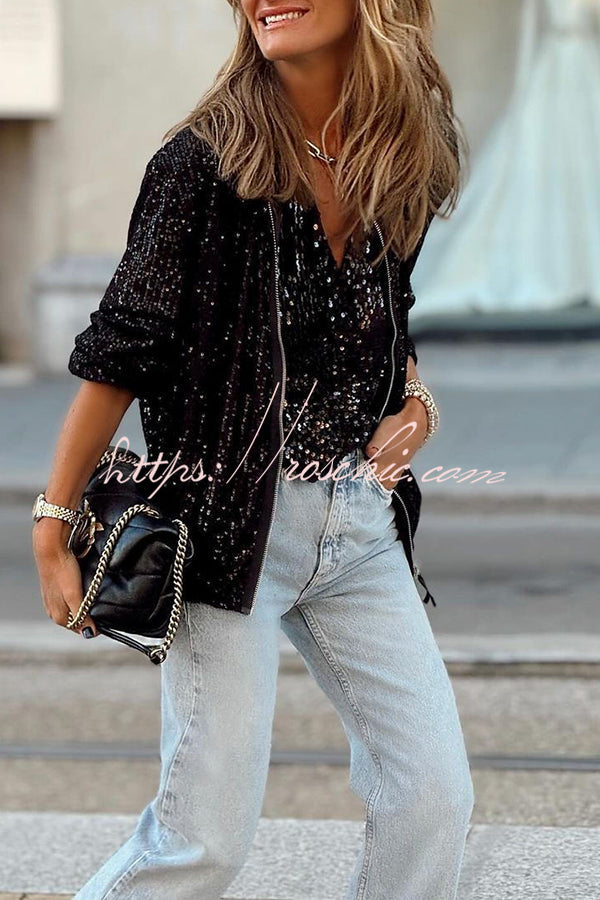 Manteau zippé à manches longues et sequins – Haut de fête coupe ample