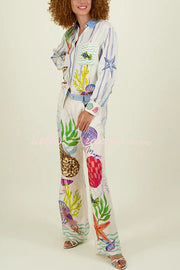 Satin Wide Leg Pants with Marine Print & Elastic Waist