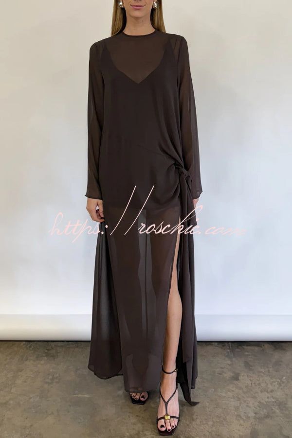 Mesh See-Through Maxi Dress with Tie Bow & Side Slit