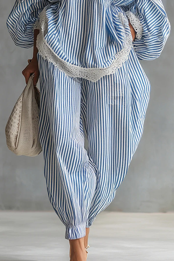 Striped V-Neck Lantern Sleeve Top & Wide-Leg Pants Set