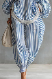 Striped V-Neck Lantern Sleeve Top & Wide-Leg Pants Set