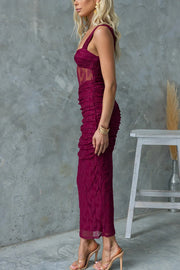 Sweetheart Neck Mesh Ruched Maxi Dress – Sleeveless Party Wear