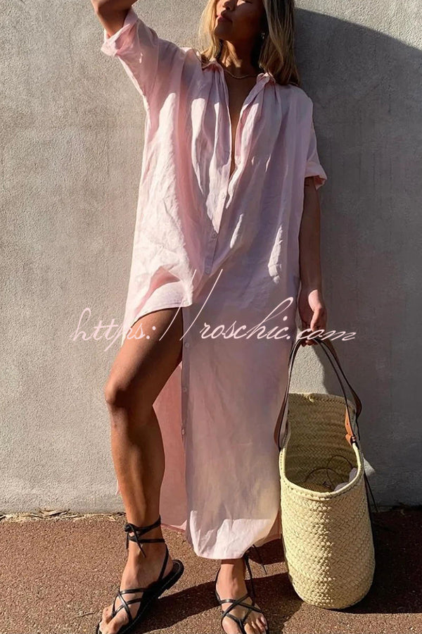 Linen Maxi Shirt Dress – Loose Fit Casual Vacation Dress