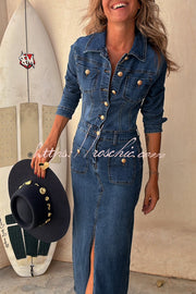 Denim Midi Dress with Button-Zip Shirt Neck & Pencil Slit