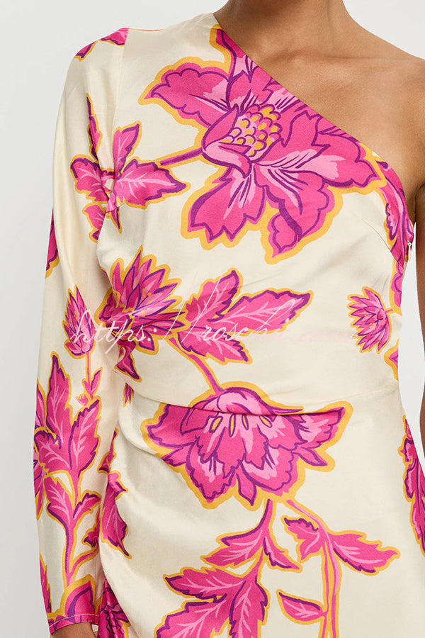 Satin Floral One Shoulder Flared Maxi Dress