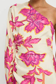Satin Floral One Shoulder Flared Maxi Dress