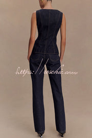 Denim Square Neck Sleeveless Button-Up Vest Top