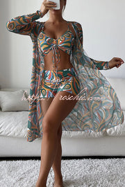 Printed Lace-Up Pleated Three-Piece Swimsuit Set