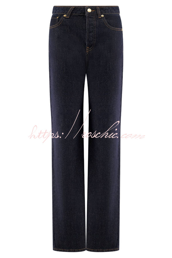 High Waist Straight Leg Denim Jeans with Pockets