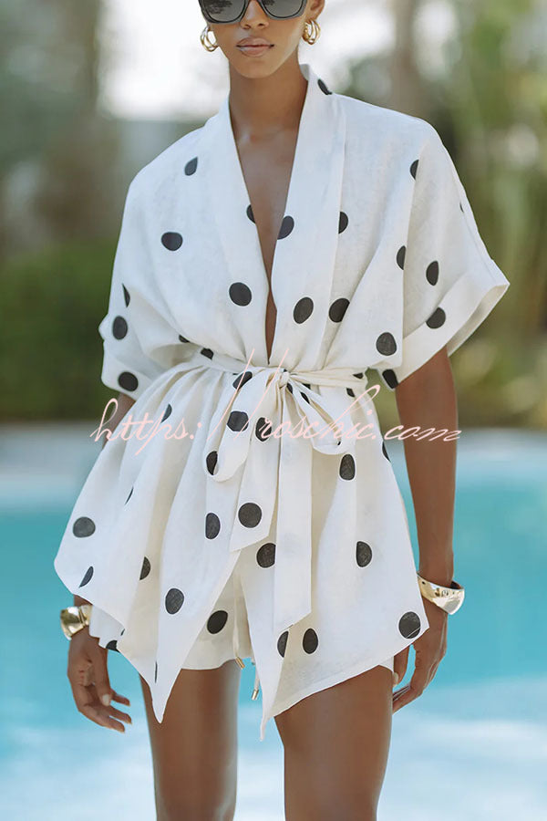 Linen Blend Polka Dot Kimono Top & Shorts Set