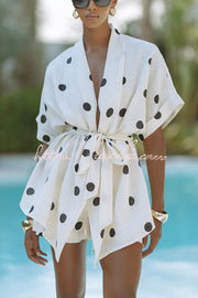 Linen Blend Polka Dot Kimono Top & Shorts Set