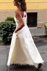 Linen Blend Midi Dress with Square Neck and Tassel Trim