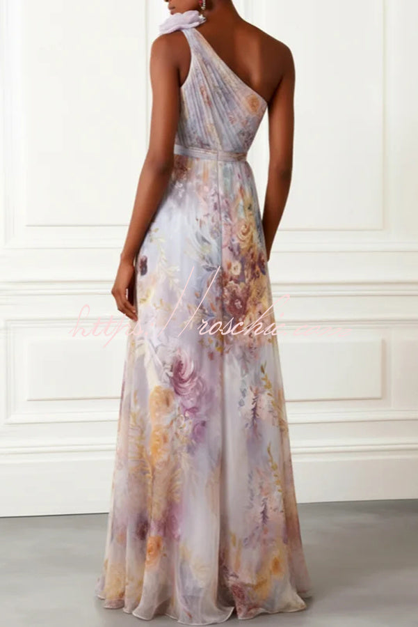 Chiffon 3D Floral One-Shoulder Maxi Dress | A-Line Gown