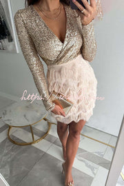 Sequin Fringe Mini Dress with Tiered Patchwork Detail