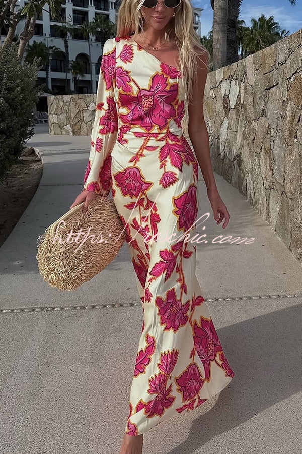 Satin Floral One Shoulder Flared Maxi Dress