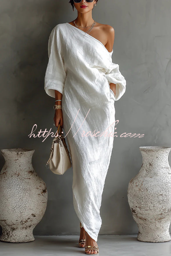 Linen Blend One-Shoulder Maxi Dress with Lantern Sleeves