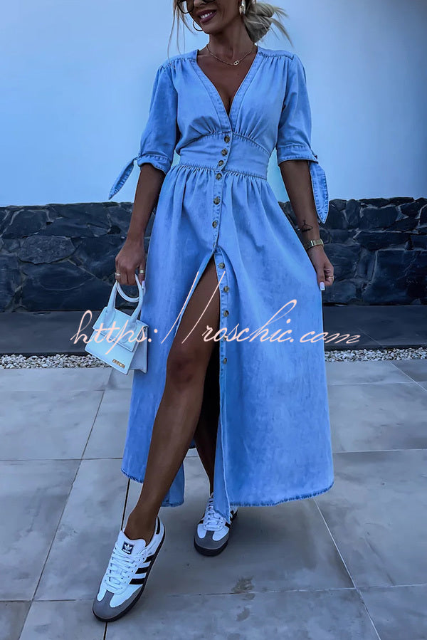 Denim Midi Dress V-Neck Button-Down Half Sleeve Loose Fit