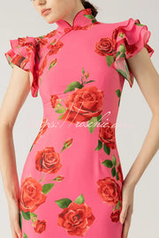 Rose Floral Print Cheongsam Maxi Dress with Tiered Sleeves