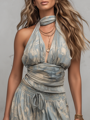 Boho Print High Waist Flowy Wide Leg Maxi Dress