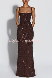 Sequin Chiffon Ruched Square Neck Lace-Up Maxi Dress