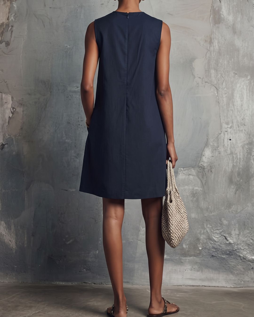 Linen Round Neck Buttons Mini Dress