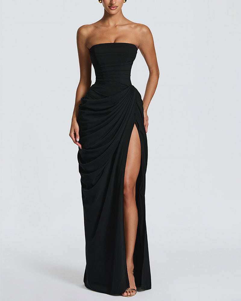 Strapless Ruched High Slit Corset Maxi Dress