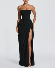 Strapless Ruched High Slit Corset Maxi Dress