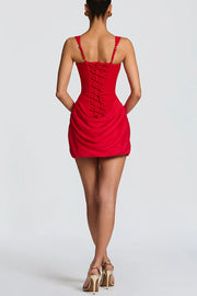 Satin Drape Square Neck Lace-Back Mini Dress