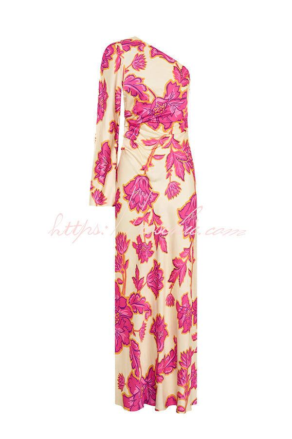 Satin Floral One Shoulder Flared Maxi Dress