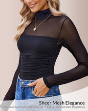 Sheer Mesh Turtleneck Shapewear Top - Long Sleeve Ruched Fit