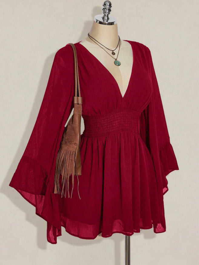 Gothic V-Neck Mini Dress - Long Sleeve Belted Fitted Dress