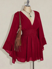 Gothic V-Neck Mini Dress - Long Sleeve Belted Fitted Dress