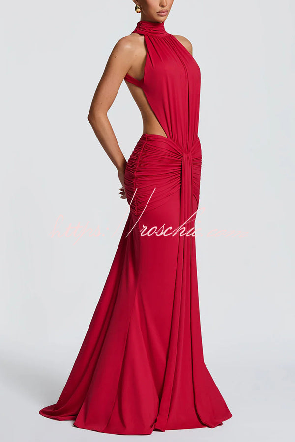 Stretch Slinky Jersey High Neck Ruched Backless Maxi Dress