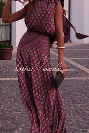 Satin High Neck Short Sleeve Top and High Rise Maxi Skirt Set