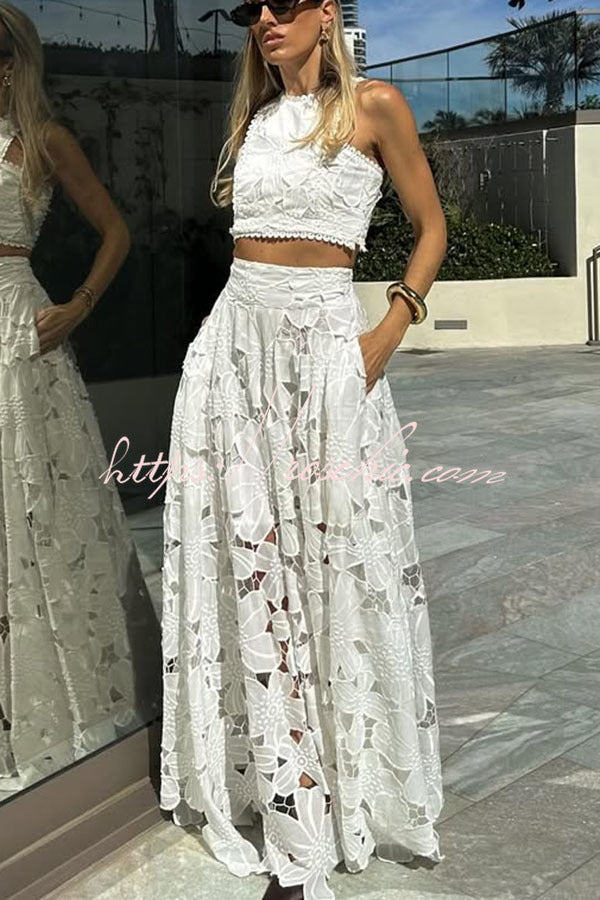 Floral Embroidery Crochet Lace Crop Tank Top, Loose Fit