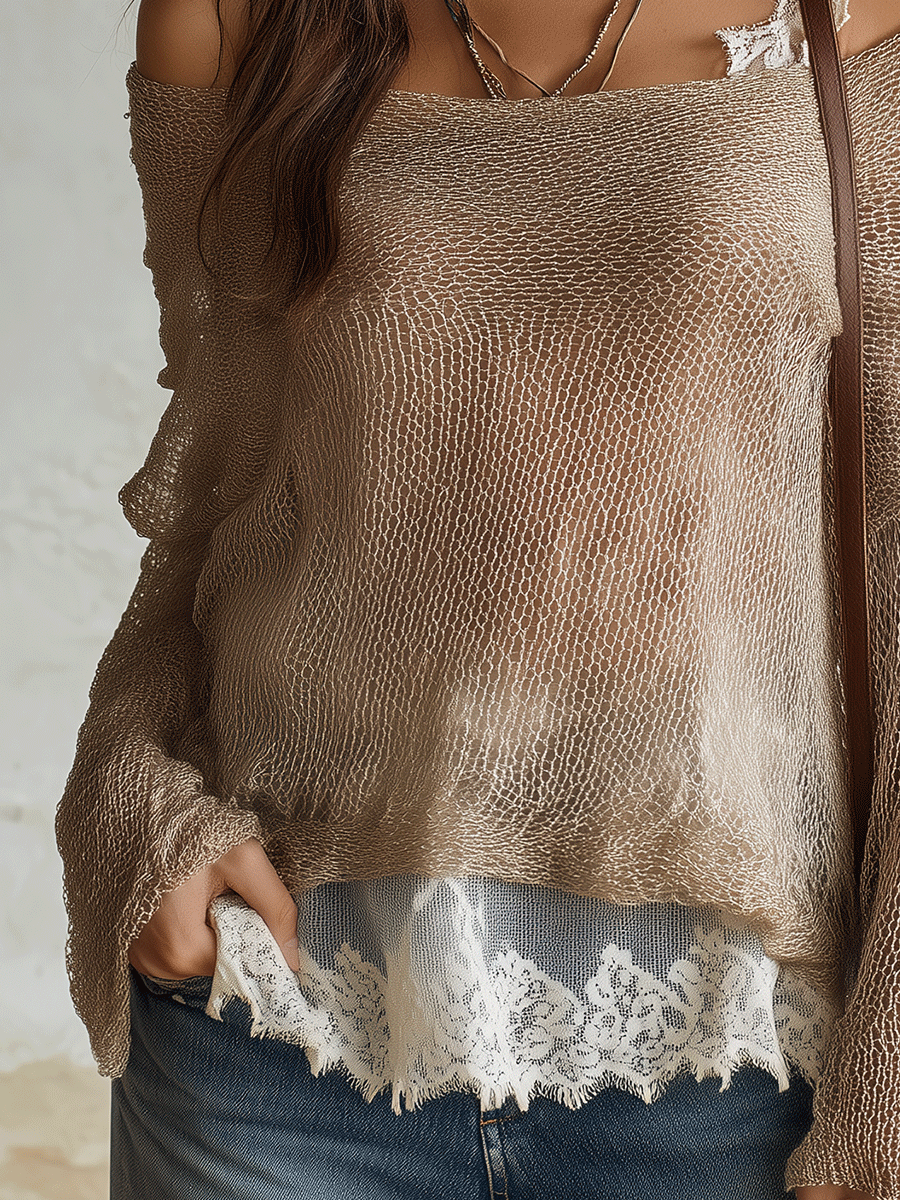 Oatmeal Loose-Weave Lightweight Long Sleeve Sweater