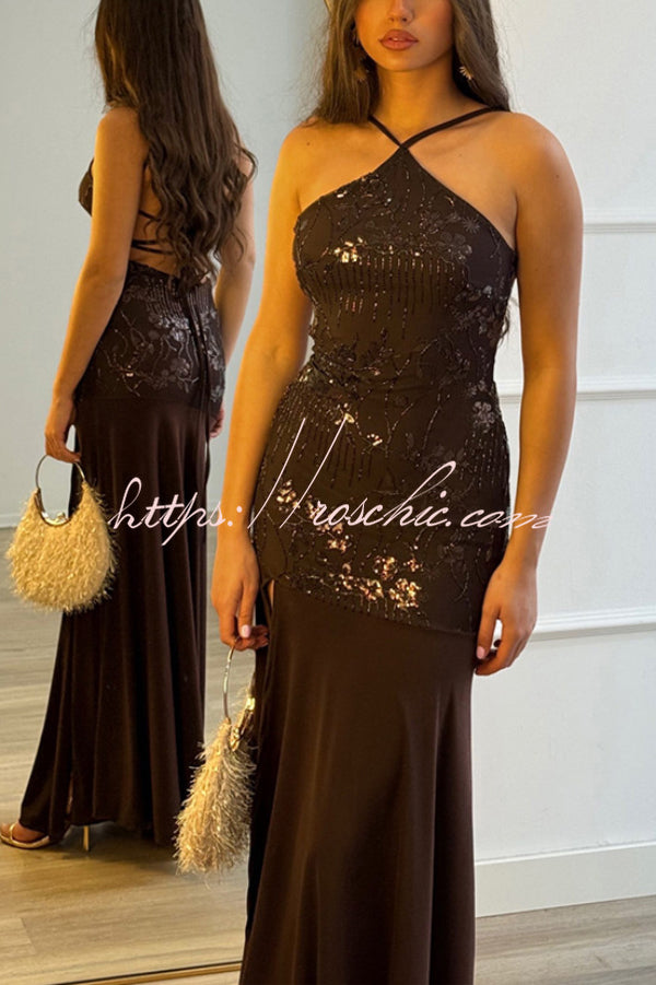 Sequin Halter Neck Slim-Fit Slit Maxi Dress