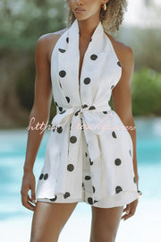 Linen Blend Polka Dot Halter Vest & Shorts Set with Belt