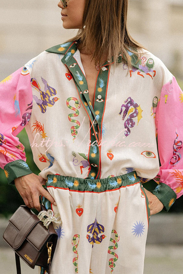 Linen Blend Printed Loose Blouse and Pants Set with Pockets