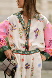 Linen Blend Printed Loose Blouse and Pants Set with Pockets
